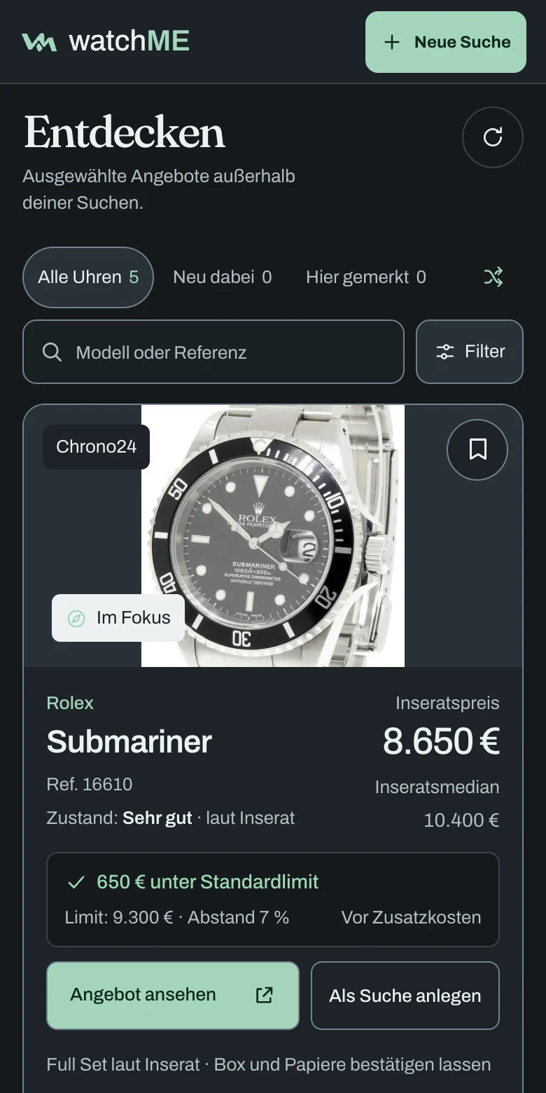 watchME auf dem Smartphone: ein ausgewähltes Angebot mit Inseratspreis, Marktmedian und Abstand zum Einkaufslimit